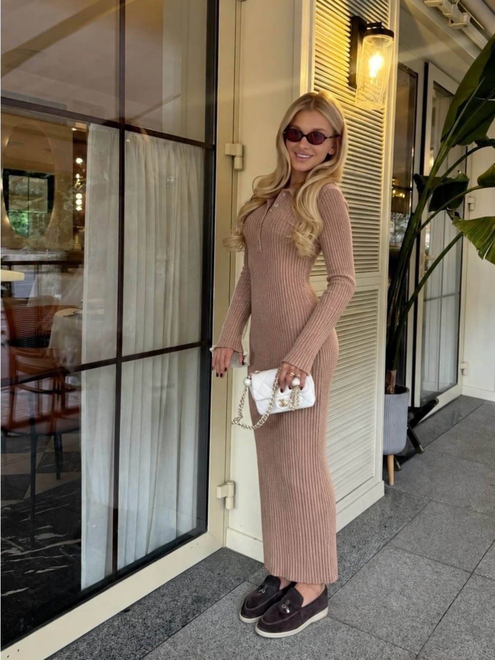 SHEIN Tan Ribbed Velour Long Sleeve Bodycon Maxi Dress XS